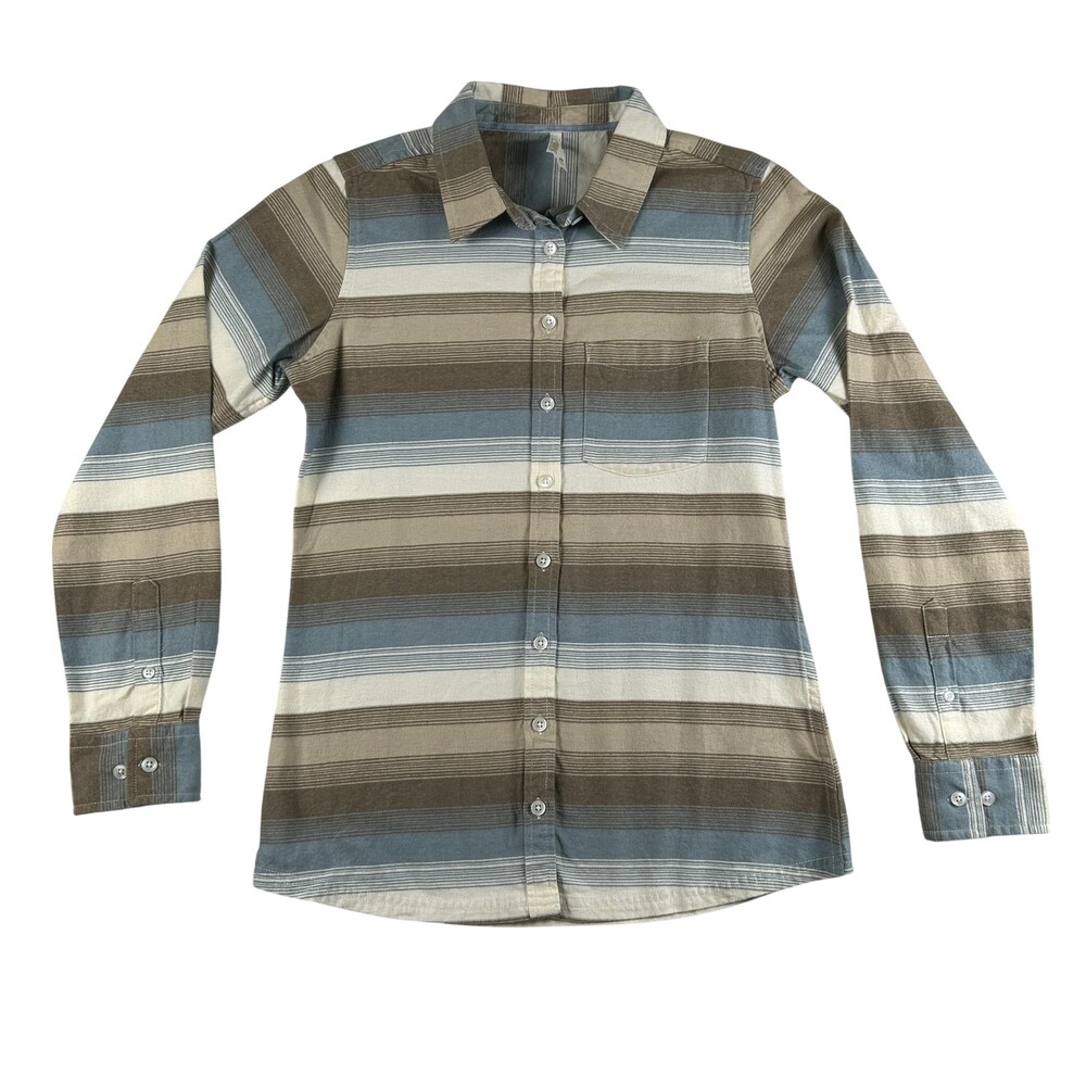 MK Shirt Womens XS Brown Blue Striped Button Front Long Sleeve Cotton Top